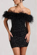 Moxidress Off Shoulder Feather Trim Sequin Mini Party Dress