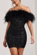 Moxidress Off Shoulder Feather Trim Sequin Mini Party Dress