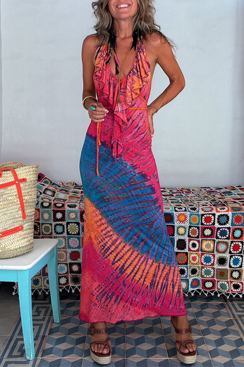 Moxidress Ruffle Trim Halter Lace-up Backless Tie Dye Maxi Dress