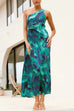 Moxidress One Shoulder Drawstring Cut Out Printed Maxi Pleated Dress