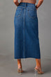 Moxidress High Rise Raw Hem Slit Front Denim Midi Skirt