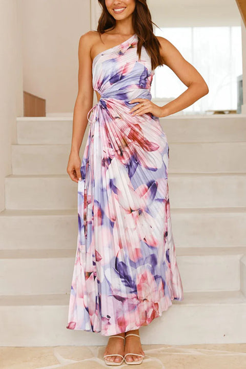 Moxidress One Shoulder Sleeveless Cut Out Floral Print Pleated Maxi Dress