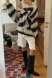 Moxidress Lantern Sleeves Button Down Color Block Stripes Sweater with Scarf