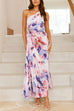 Moxidress One Shoulder Sleeveless Cut Out Floral Print Pleated Maxi Dress