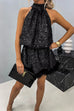 Moxidress Halter Sleeveless Feather Hem Sequin Dress