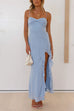 Moxidress Spaghetti Strap Ruffle Slit Maxi Chiffon Dress