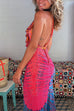 Moxidress Ruffle Trim Halter Lace-up Backless Tie Dye Maxi Dress