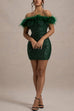 Moxidress Off Shoulder Feather Trim Sequin Mini Party Dress