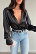 Moxidress Chic Long Sleeves Button Down Satin Bouse Shirt