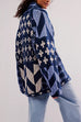 Moxidress Button Down Drawstring Hem Geometric Pattern Sweater Cardigan