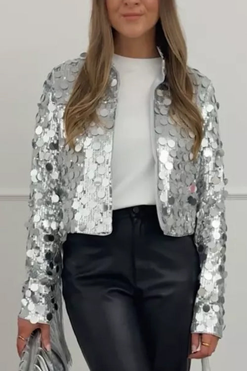 Moxidress Open Front Cropped Sequin Jacket