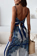 Moxidress Tie Knot Backless Cami Top Wide Leg Pants Printed Set