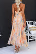 Halter Neck Open Back Waisted Watercolor Print Maxi Dress