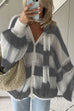 Moxidress Lantern Sleeves Button Down Color Block Stripes Sweater with Scarf