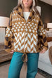 Moxidress Button Down Drawstring Hem Geometric Pattern Sweater Cardigan