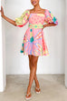 Moxidress Puff Sleeves Backlesss Rio Print A-line Mini Dress