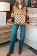 Moxidress Button Down Drawstring Hem Geometric Pattern Sweater Cardigan