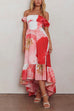 Off Shoulder Ruched Bust Ruffle Hem Floral Print Maxi Dress