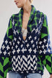 Moxidress Button Down Drawstring Hem Geometric Pattern Sweater Cardigan