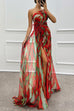 Moxidress Strapless Rose Detail High Slit Printed Chiffon Maxi Dress