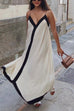 Moxidress Spaghetti Strap V Neck Color Block Maxi Holiday Dress