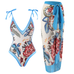 Moxidress Floral Print V Neck Tie Shoulder One-piece Swimwear and Wrap Cover Up Skirt Set