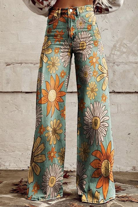 Moxidress Vintage Floral Print Wide Leg Pants