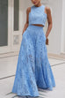 Moxidress Lace Hollow Out Crewneck Crop Tank Top High Waist Maxi Swing Skirt Set