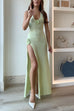 Moxidress Halter V Neck Backless Slit Rose Applique Knit Maxi Dress