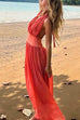 Moxidress Deep V Neck Halter Backless Flowy Maxi Party Dress