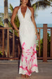 Moxidress Halter V Neck Backless Ruched Flower Print Maxi Dress