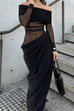 Moxidress Off Shoulder Long Sleeves Mesh Splice Maxi Dress