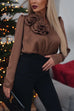 Moxidress V Neck Long Sleeves Flower Detail Satin Shirt