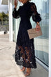 Moxidress Mockneck Puff Sleeves Lace Hollow Out Mid Dress