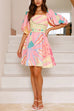 Moxidress Puff Sleeves Backlesss Rio Print A-line Mini Dress