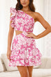 Moxidress One Shoulder Cut Out Floral Print Ruffle Mini Dress