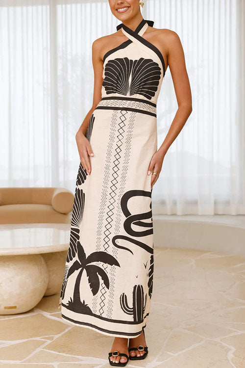 Moxidress Palm Canyon Print Criss Cross Halter Maxi Dress