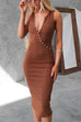 V Neck Sleeveless Button Down Back Slit Bodycon Midi Dress