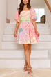 Moxidress Puff Sleeves Backlesss Rio Print A-line Mini Dress