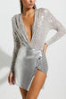 Moxidress Wrap Deep V Neck Long Sleeves Sequin Bodysuit