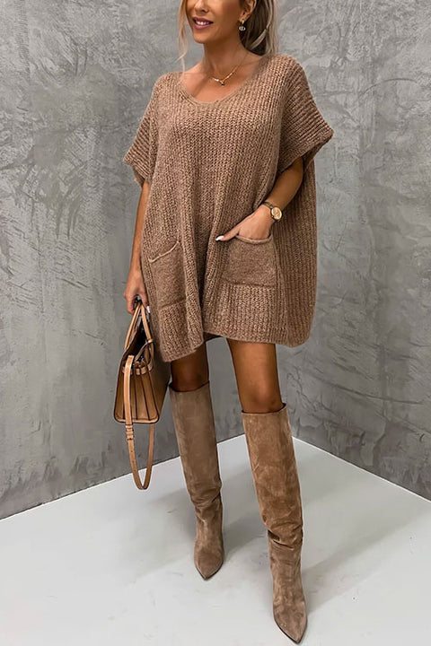 Moxidress Oversized V Neck Short Sleeves Pocketed Poncho Sweater