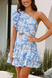 Moxidress One Shoulder Cut Out Floral Print Ruffle Mini Dress