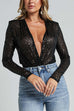 Moxidress Wrap Deep V Neck Long Sleeves Sequin Bodysuit