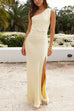 Sleeveless One Shoulder Ruched Slit Maxi Dress