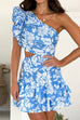 Moxidress One Shoulder Cut Out Floral Print Ruffle Mini Dress