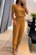 Moxidress V Neck Short Sleeve Top High Waist Tapered Pants Set