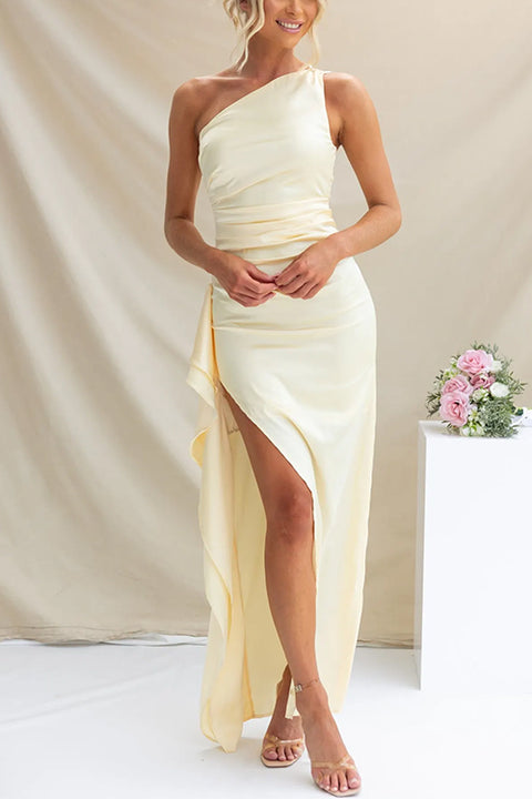 One Shoulder Side Slit Ruched Maxi Dress