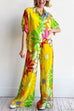 Moxidress Floral Print Roll Up Short Sleeves Button Up Shirt Wide Leg Pants Set