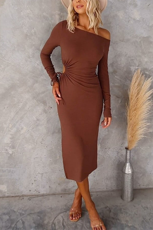 Cold Shoulder Drawstring Cut Out Waist Bodycon Midi Dress