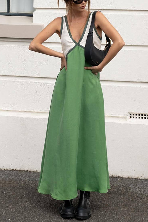 Moxidress V Neck Color Block Sleeveless Maxi Swing Dress